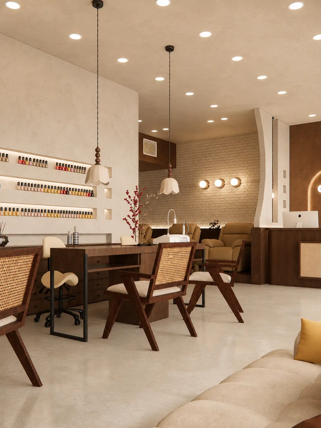 CARPI NAIL 从美甲工作区看向足部护理区、前台与等候区