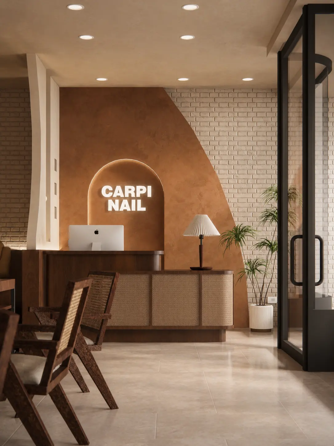 CARPI NAIL 前台、弧形艺术漆品牌墙和入口玻璃的设计效果