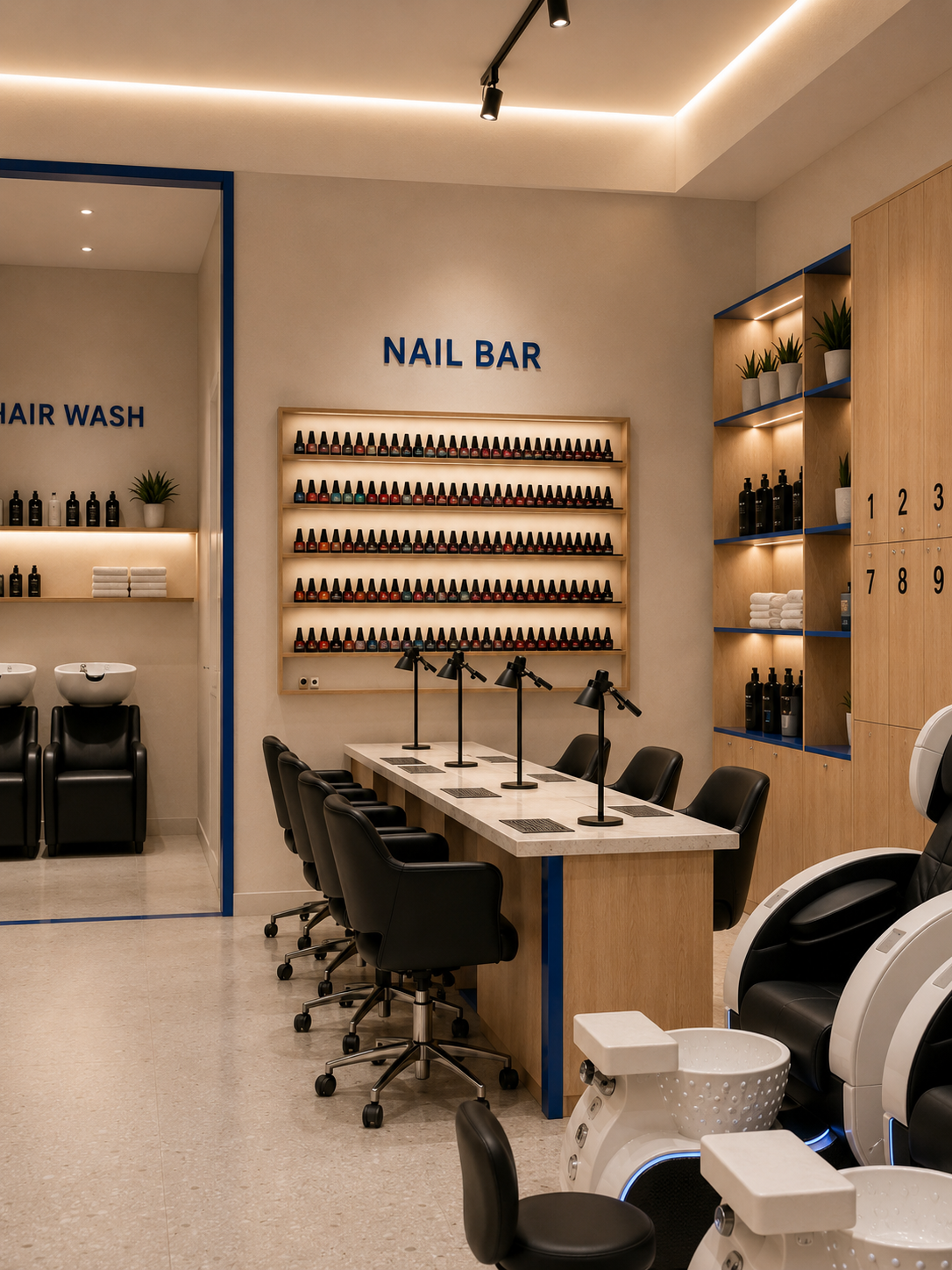 COBALT Hair + Nail 集中式美甲长桌与整面甲油展示