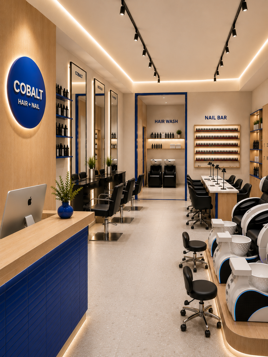 COBALT Hair + Nail 从入口看向理发、美甲、足部护理与洗护区