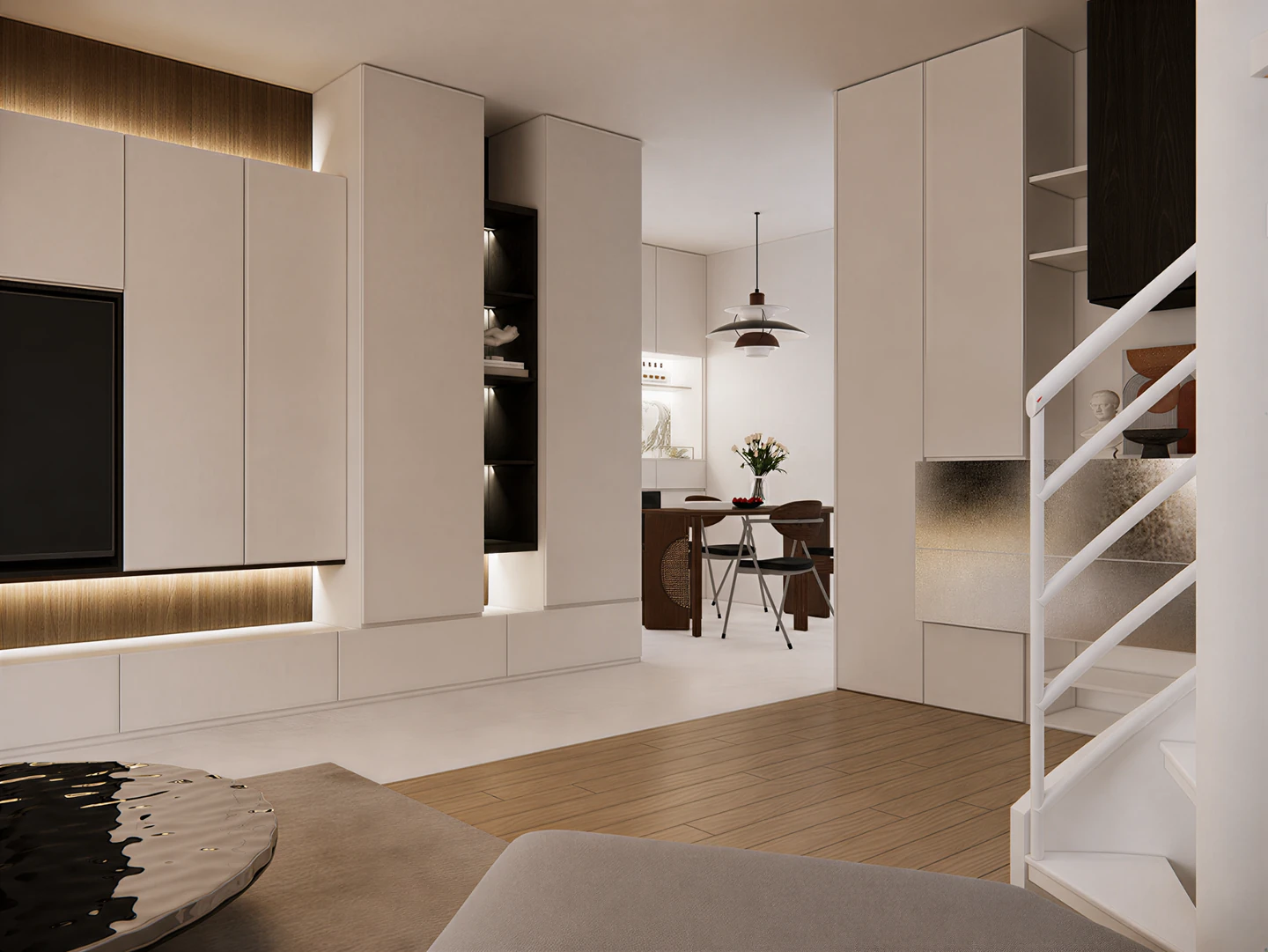 Cologno Sud Apartment 客厅与餐厅关系效果图,木白电视柜、浅色收纳和餐桌形成连续空间